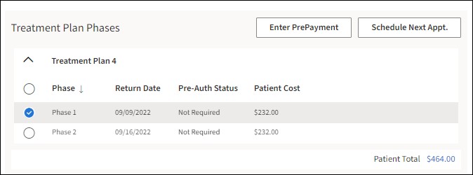 Treatment Plan Phases with Phase 1 radio button selected